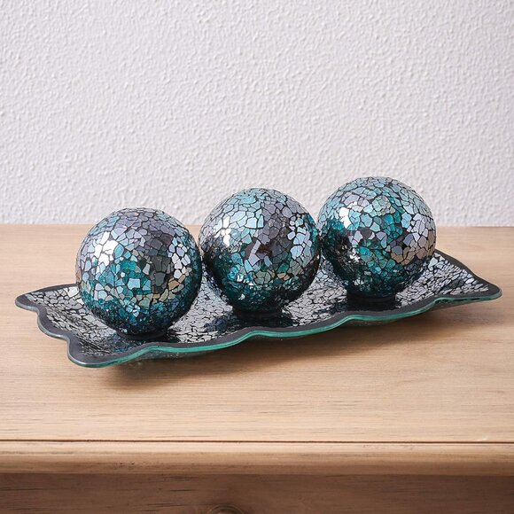 New 12.4" Mosaic Glass Decorative Tray with 3 Decorative Orbs, Living Room Decor - Picture 7 of 12